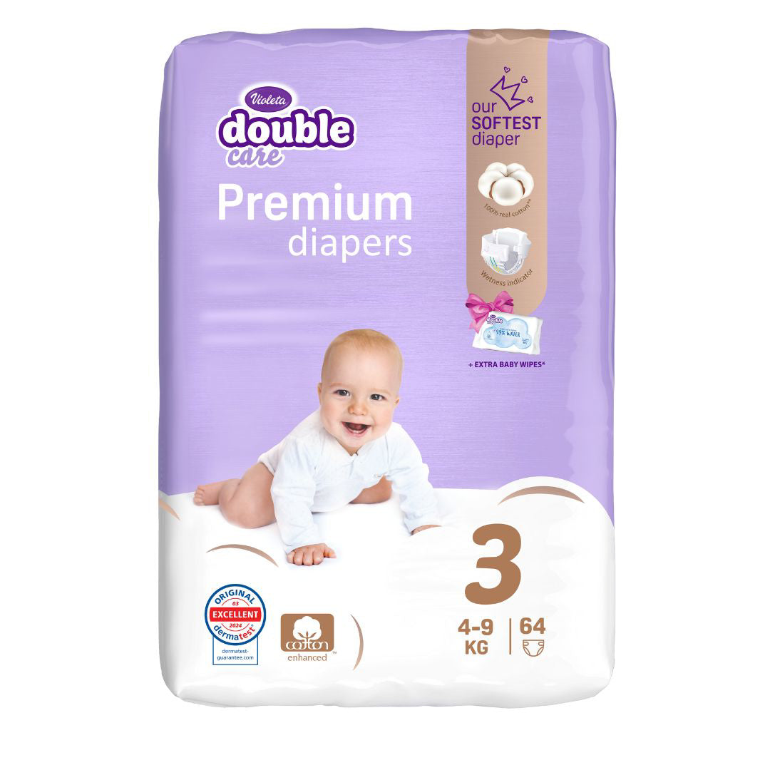 Violeta® Plenice Cotton Touch 3 Midi (4-9 kg) 64 kosov + Vlažilni robčki Water Care Violeta
