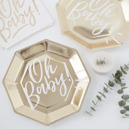 Picture of Ginger Ray® Gold foiled Baby shower paper plates Oh Baby!
