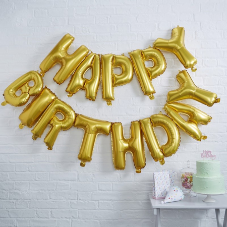 Picture of Ginger Ray® Gold Happy Birthday foil balloon bunting Pick and Mix