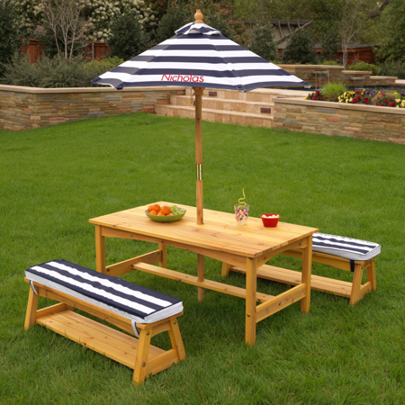 Picture of KidKratft® Outdoor table & Bench set with cushions & Umbrella Blue/White