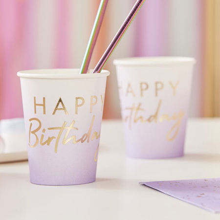 Picture of Ginger Ray® Lilac Ombre Gold Happy Birthday Party Cups