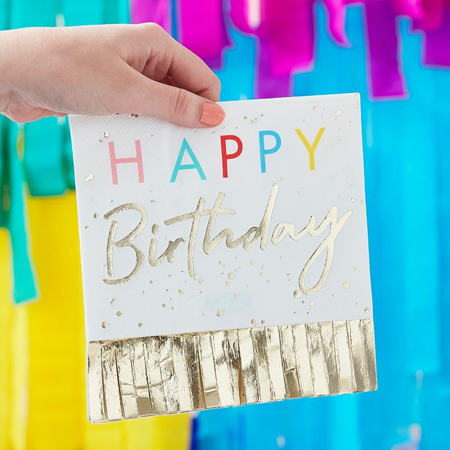 Picture of Ginger Ray®  Napkins Happy Birthday Mix It Up Fringed Gold  16 pcs.