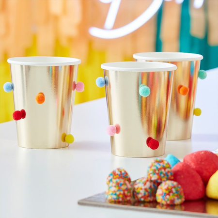 Picture of Ginger Ray® Paper Cups Rainbow Pom Pom Gold 