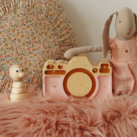 Little Lights® Handmade wooden lamp Camera Mini Powder Pink/Mustard