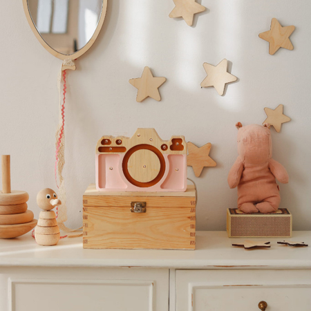 Picture of Little Lights® Handmade wooden lamp Camera Mini Powder Pink/Mustard