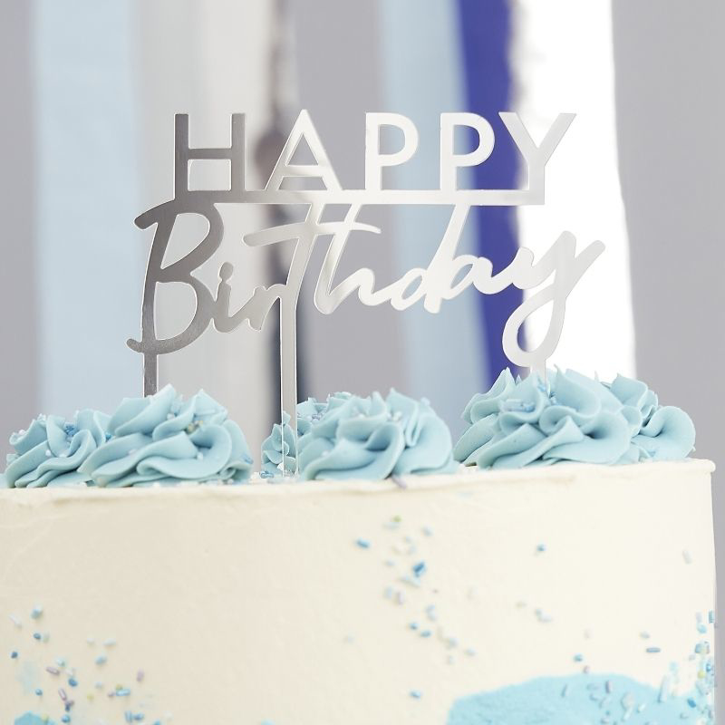 Picture of Ginger Ray® Silver Acrylic Happy Birthday Cake Topper