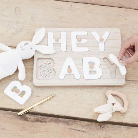 Picture of Ginger Ray® Hey Baby Wooden Puzzle Baby Shower Guest Book