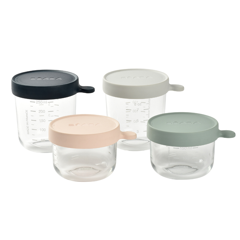 Picture of Beaba® Set of 4 conservative jars in glass (150 ml pink / 150 ml eucalyptus / 250 ml light mist / 250 ml dark blue)