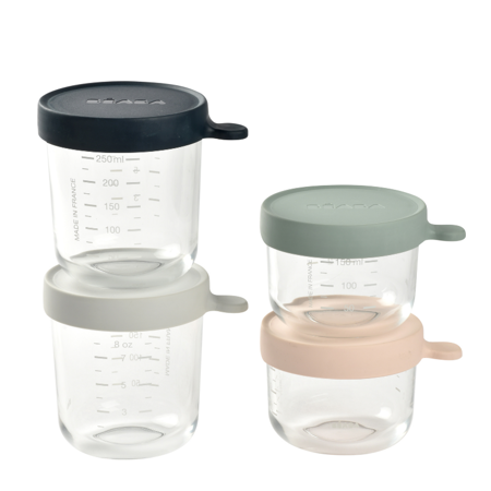Beaba® Set of 4 conservative jars in glass (150 ml pink / 150 ml eucalyptus / 250 ml light mist / 250 ml dark blue)