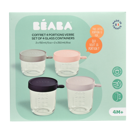 Picture of Beaba® Set of 4 conservative jars in glass (150 ml pink / 150 ml eucalyptus / 250 ml light mist / 250 ml dark blue)