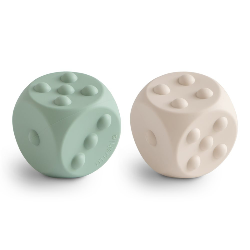 Picture of Mushie® Dice Press Toy 2-pack Cambridge Blue/Shifting Sands