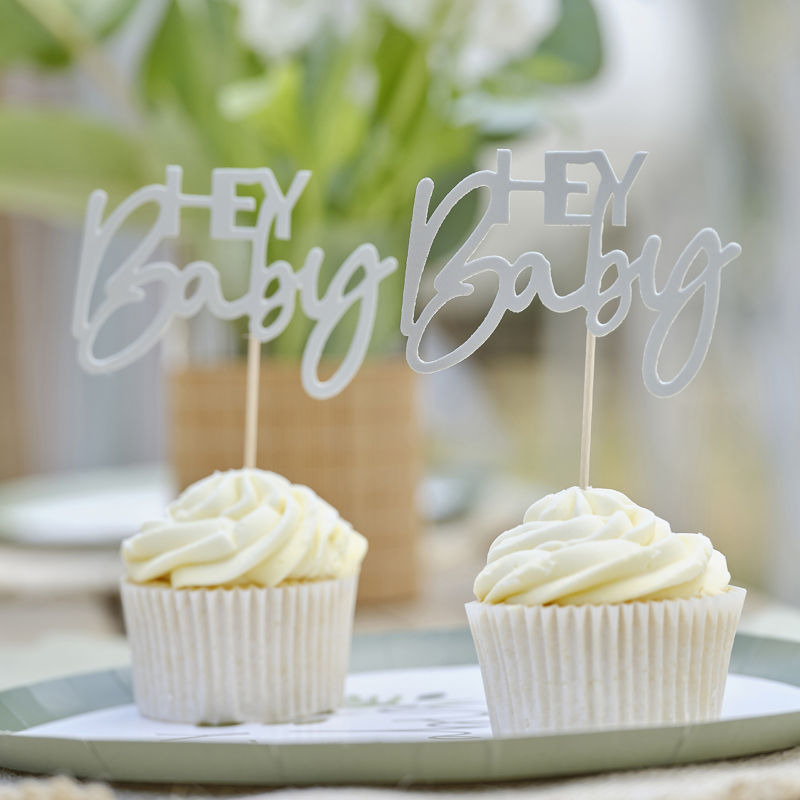 Picture of Ginger Ray® Hey Baby Sage Baby Shower Cupcake Toppers