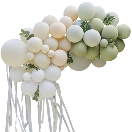 Ginger Ray® Balloon Arch with Eucalyptus, Sage Foliage and Streamers Taupe, Peach & Sage 