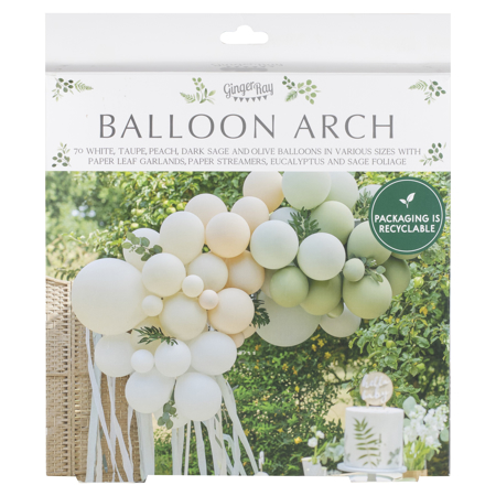 Picture of Ginger Ray® Balloon Arch with Eucalyptus, Sage Foliage and Streamers Taupe, Peach & Sage 