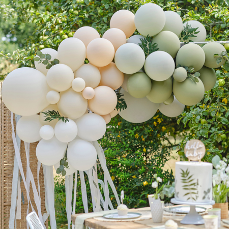 Picture of Ginger Ray® Balloon Arch with Eucalyptus, Sage Foliage and Streamers Taupe, Peach & Sage 