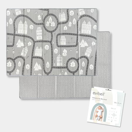 Picture of Evibell® Double-sided play mat 150x190 Dots/City Grey & Milestone Blanket Blue