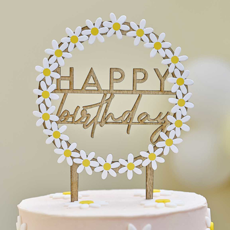 Picture of Ginger Ray® Wooden Happy Birthday Cake Topper with Daisies